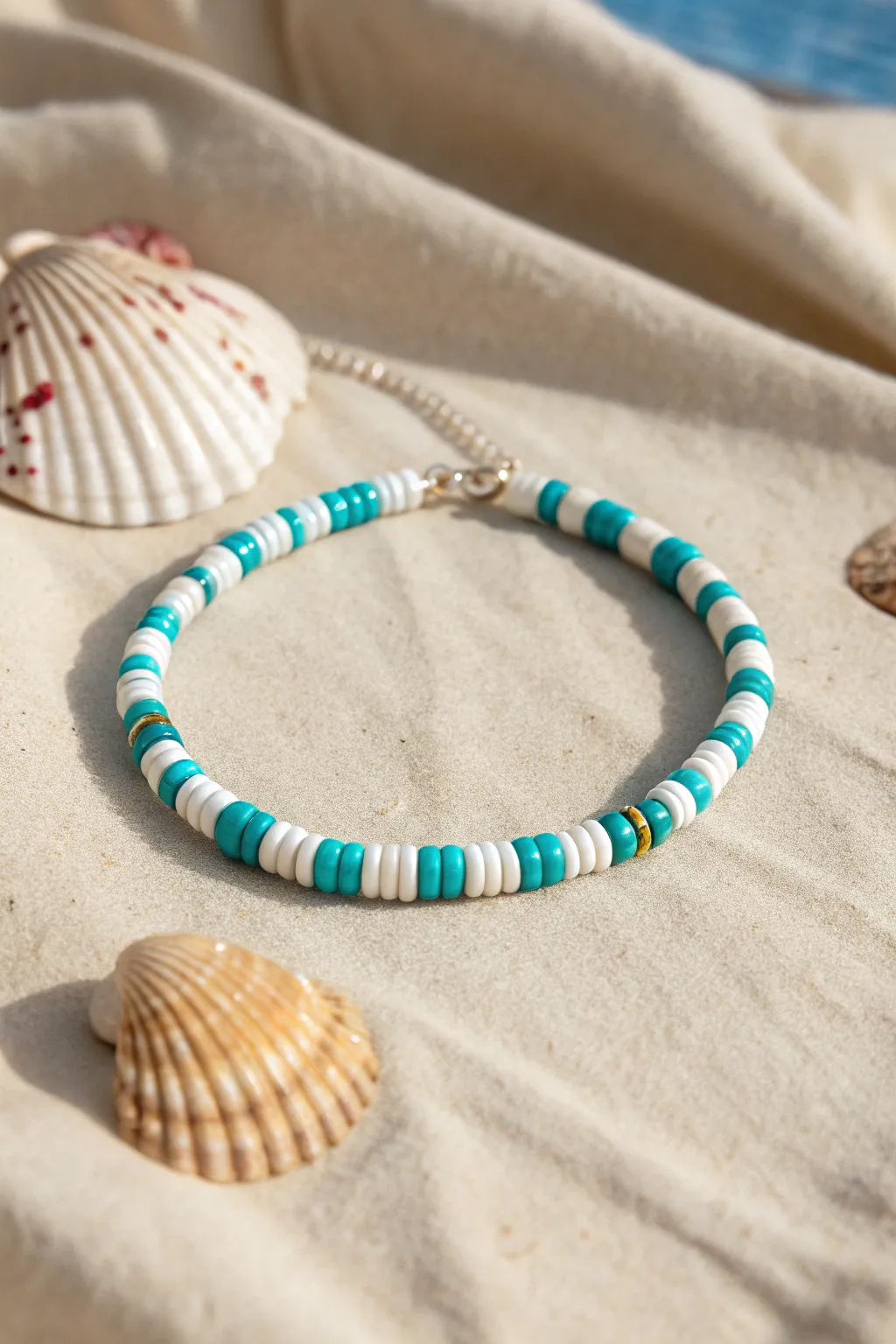 Ocean blue and white striped heishi bracelet with a seashell on warm sand tones, minimal beach vibe
