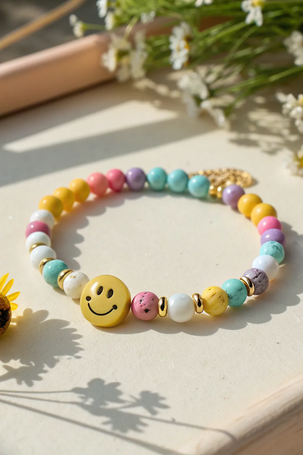 Bright smiley centerpiece bracelet with colorful polymer clay heishi bead spacers