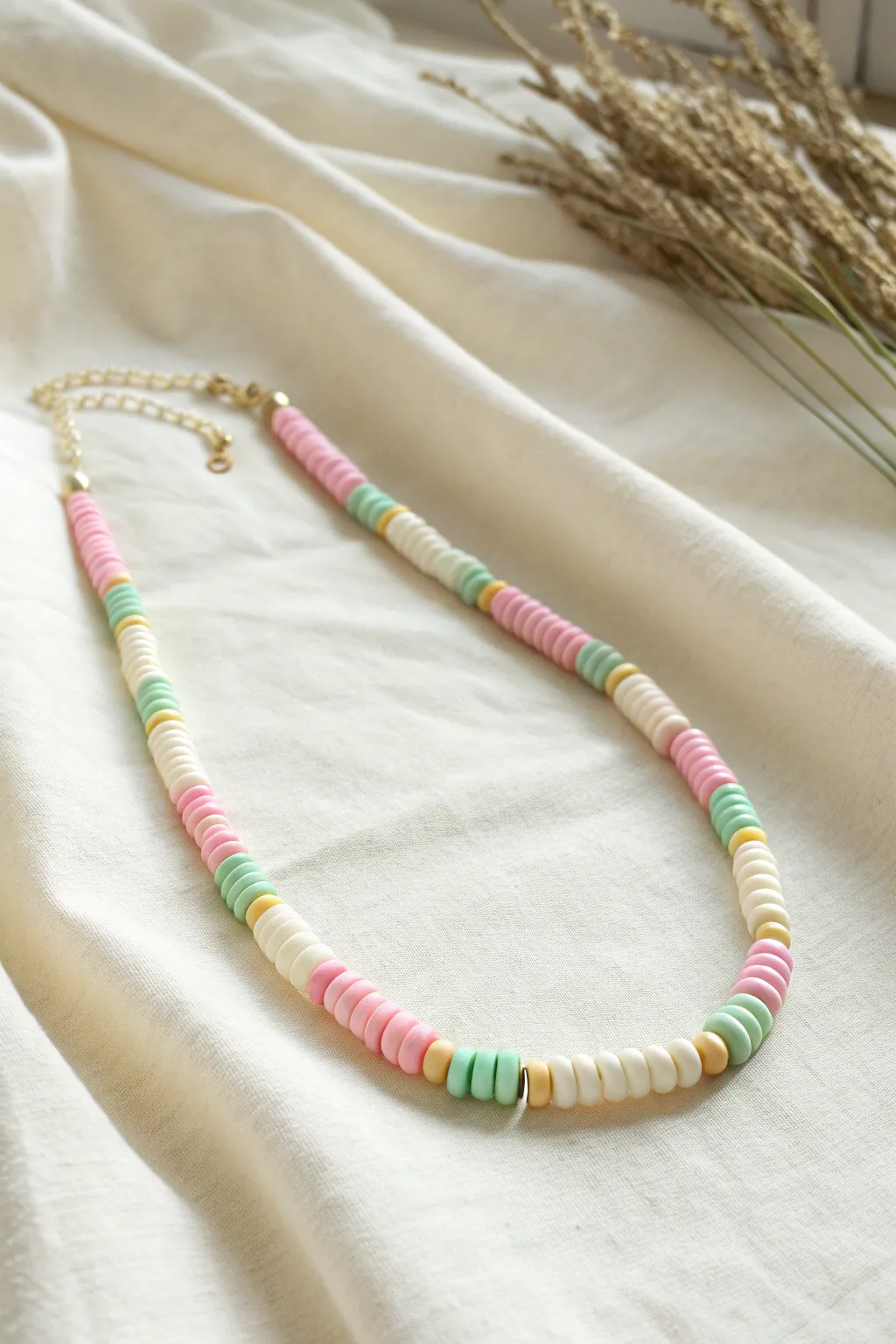 Color-blocked candy stripe heishi necklace flat lay in pastel tones, simple and sweet.