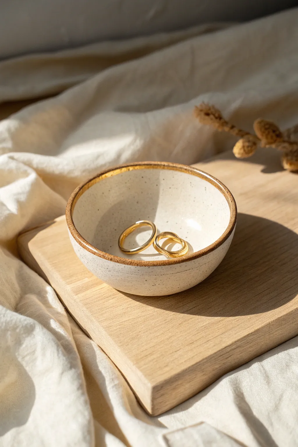 Gold-trimmed mini clay catchall bowl on linen, holding a few rings, minimalist boho charm.