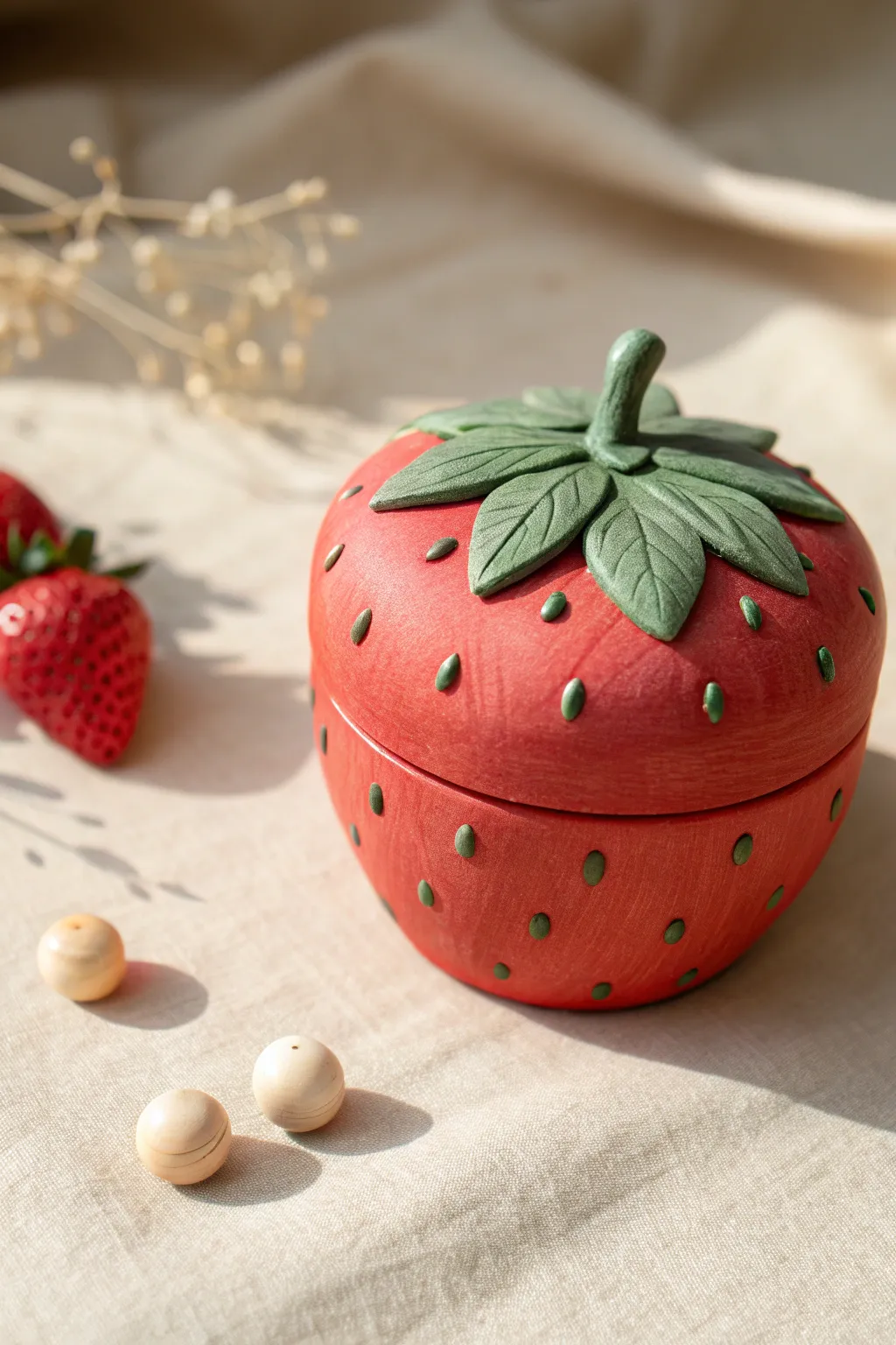 Sweet strawberry clay box with leafy lid and tiny seed details, styled minimal with beads