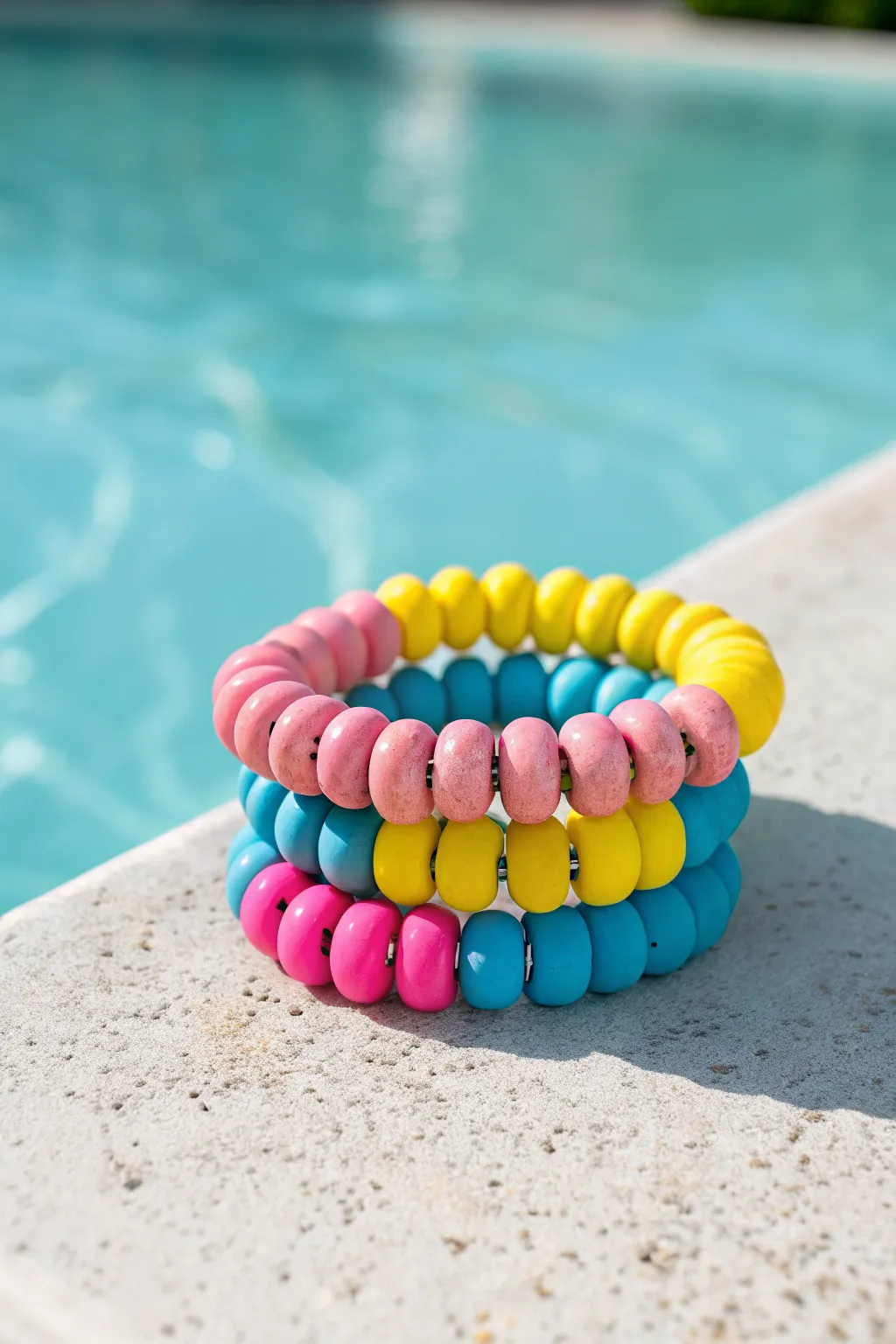Neon polymer clay bracelet stack in pink, blue, and yellow for a bold summer poolside look.