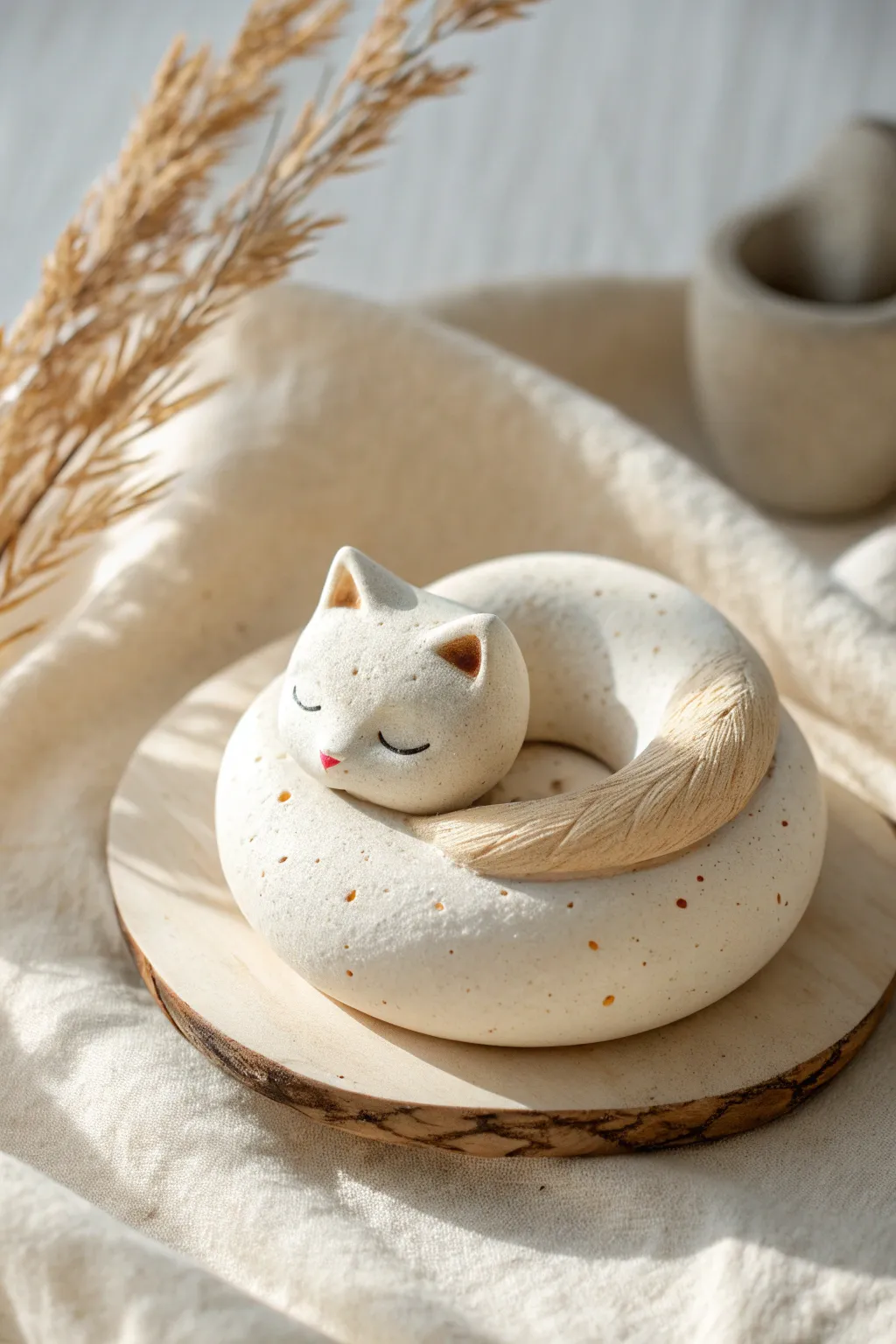 Cozy donut-shaped sleeping clay cat on a minimalist base, calm Scandinavian-boho vibe
