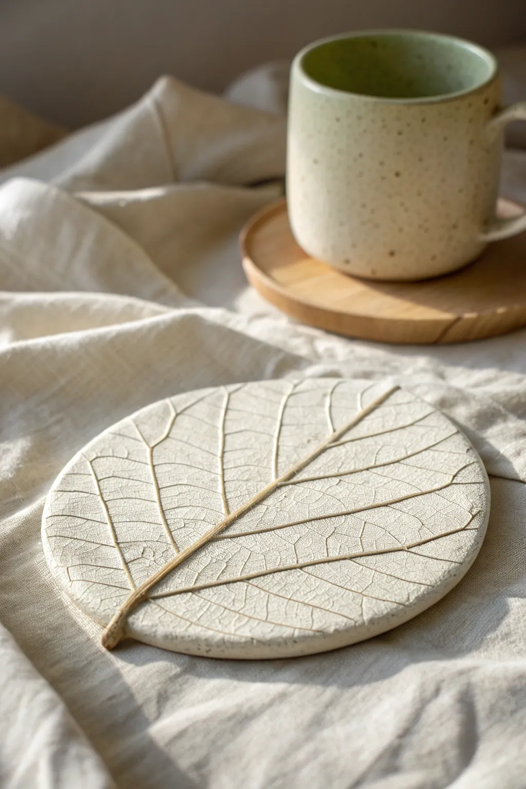 Leaf-imprint clay coaster on linen with a soft mug blur, minimalist botanical charm.