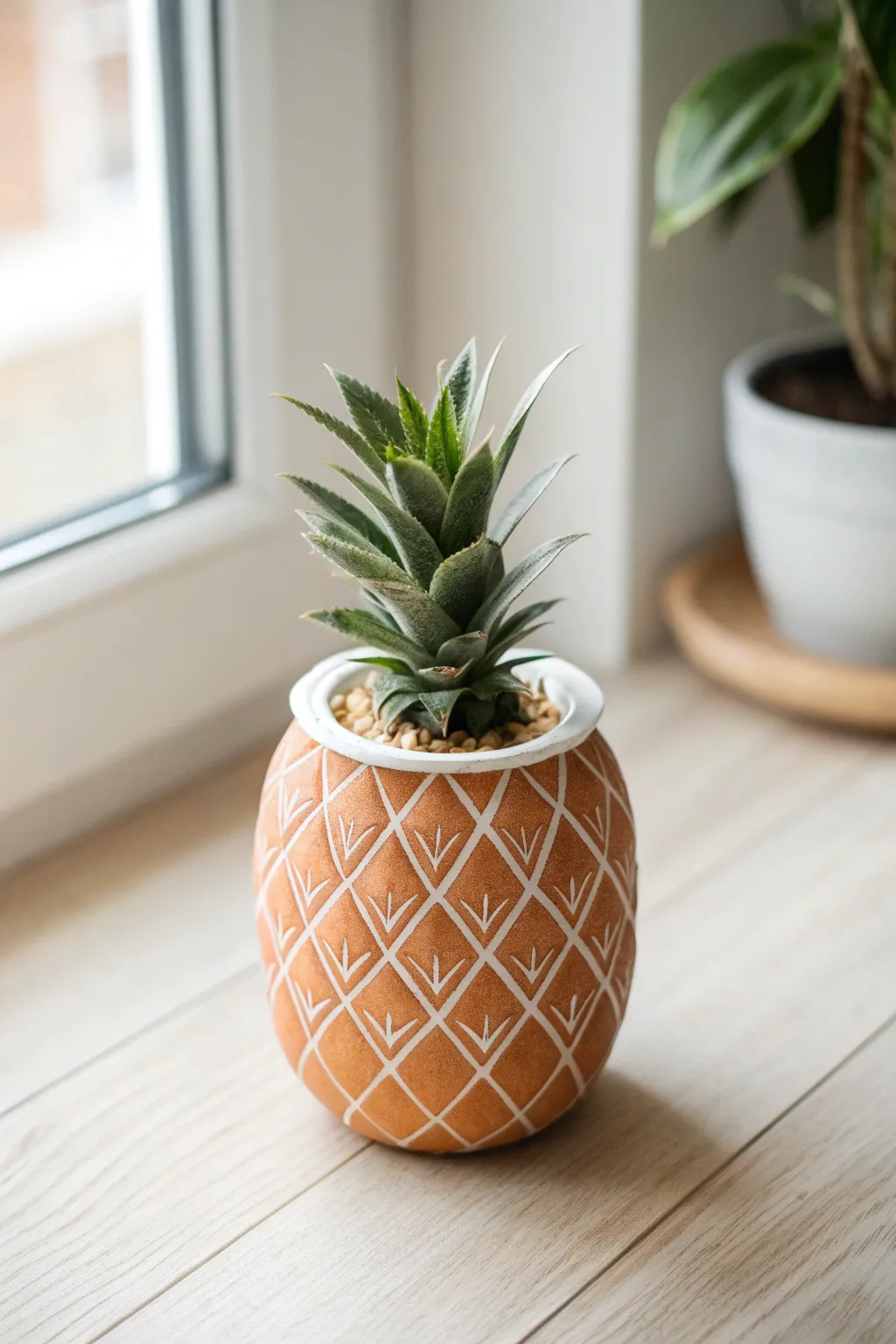 Pineapple-textured clay desk pot with a tiny plant, minimal Scandinavian-boho styling
