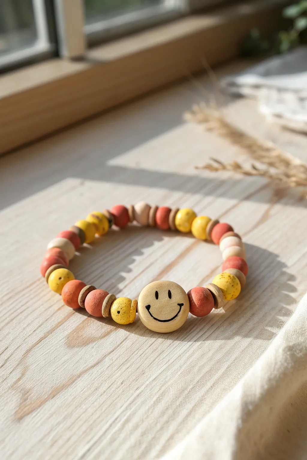 Sunny clay bead bracelet with a bold smiley center for an instant mood boost.