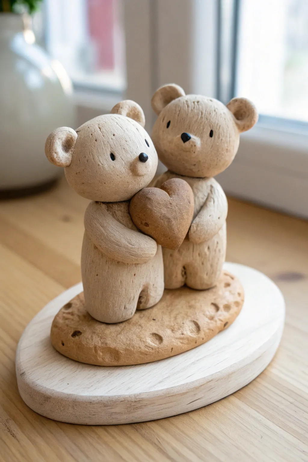 Cozy mini bear couple in warm clay tones, holding a tiny heart, perfect beginner inspo.