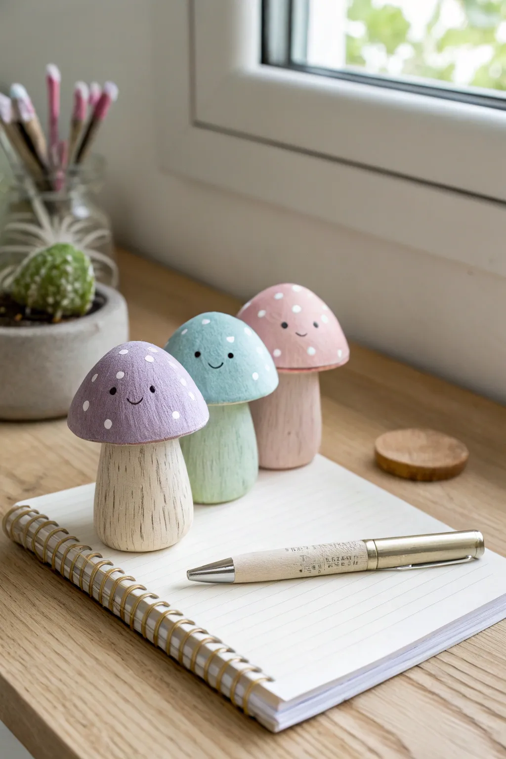 Pastel mini clay mushrooms with sweet faces, the cutest minimalist desk buddies for your workspace.