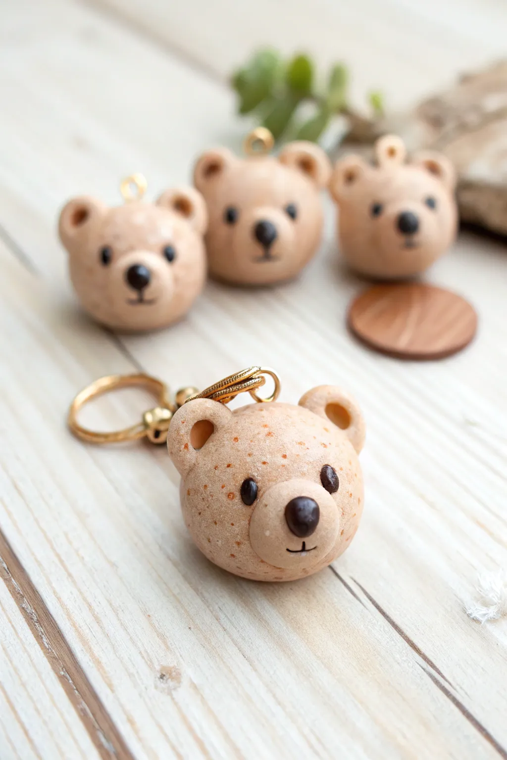 Sweet baby bear cub clay charms on pale wood, minimalist and cozy with crisp contrast