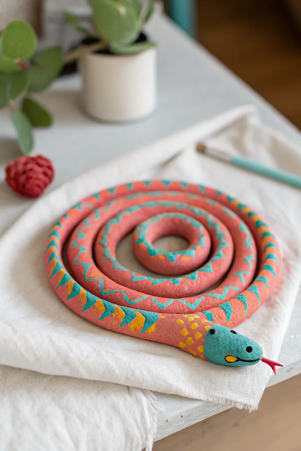 Make a cheerful coil snake with a silly face and tiny tongue, perfect for quick kid-friendly clay fun.