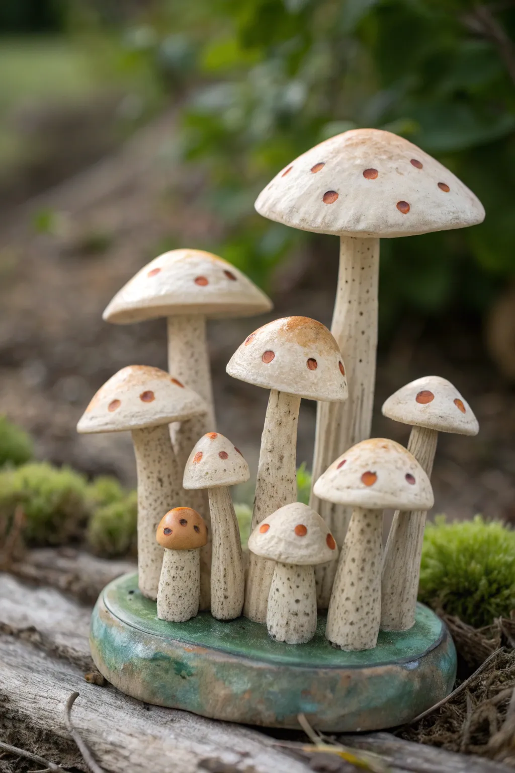 Tiny clay mushroom family cluster in soft earthy tones, minimalist boho charm and cozy forest vibes