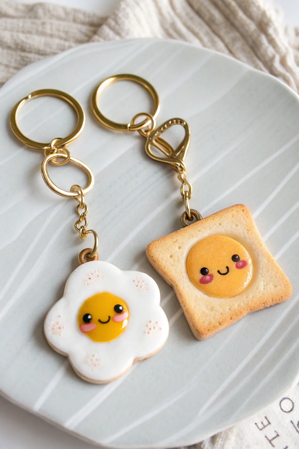 Sweet egg and toast clay keychains with matching hardware, cozy minimalist breakfast vibes