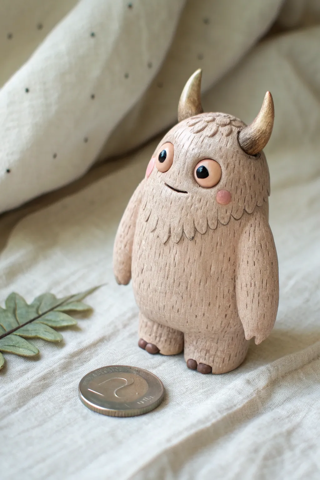 Thumb-sized horned pocket monster, cute and simple to sculpt, posed beside a coin for scale.