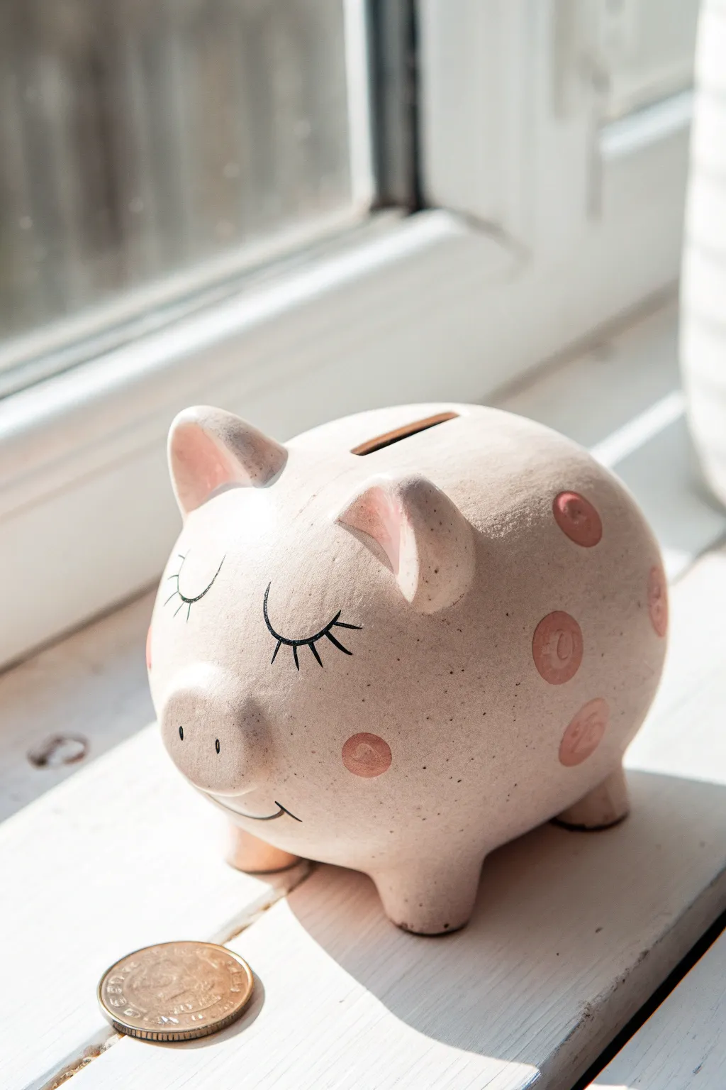 Sleepy-eyed clay piggy bank with blushing cheeks on a bright white backdrop, simple and sweet.