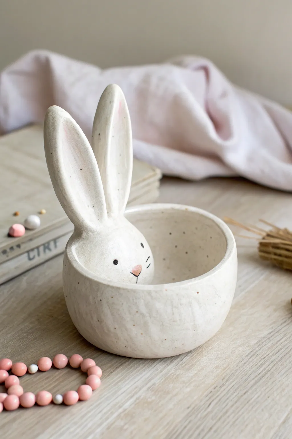 Sweet bunny pinch pot catchall with perky ears, minimal Scandinavian styling and soft boho warmth.
