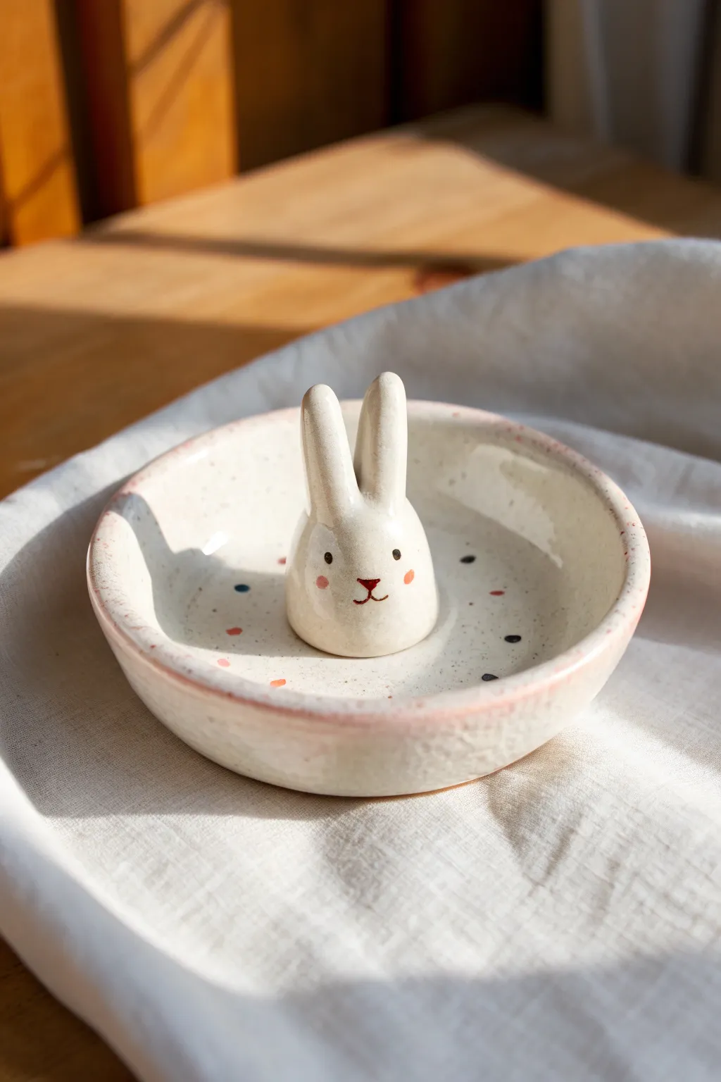 Minimal bunny ear ring holder bowl in glossy blush glaze, sweet and practical for tiny treasures.