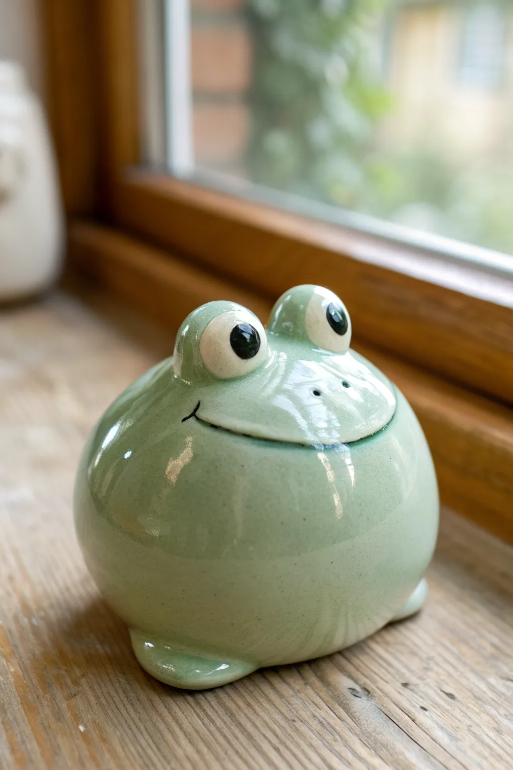 Chubby frog clay rattle with glossy eyes and a simple smile, playful and nursery-ready.