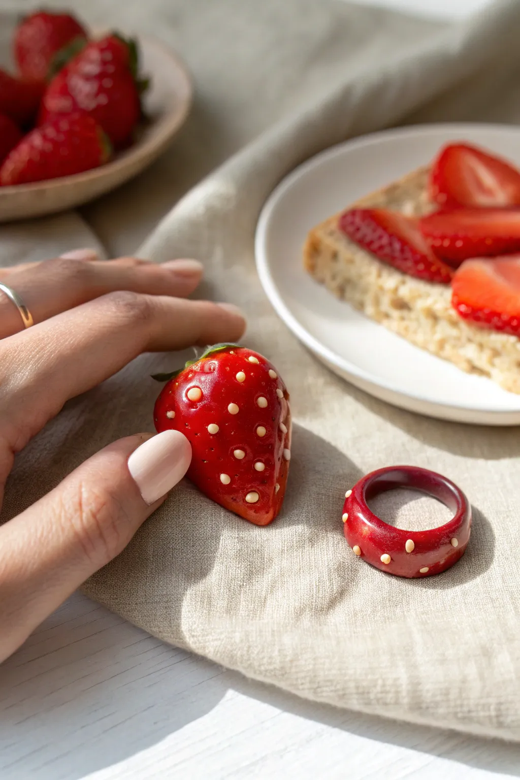 Glossy strawberry slice clay ring with hand-painted seeds, minimal styling for sweet boho vibes