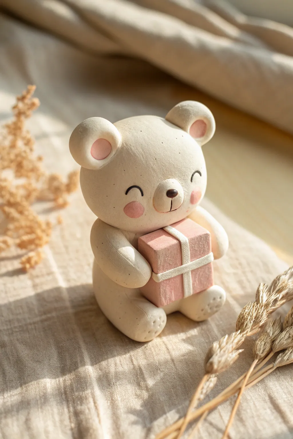 A matte pastel kawaii bear hugging a tiny gift, simple shapes and cozy minimal style.
