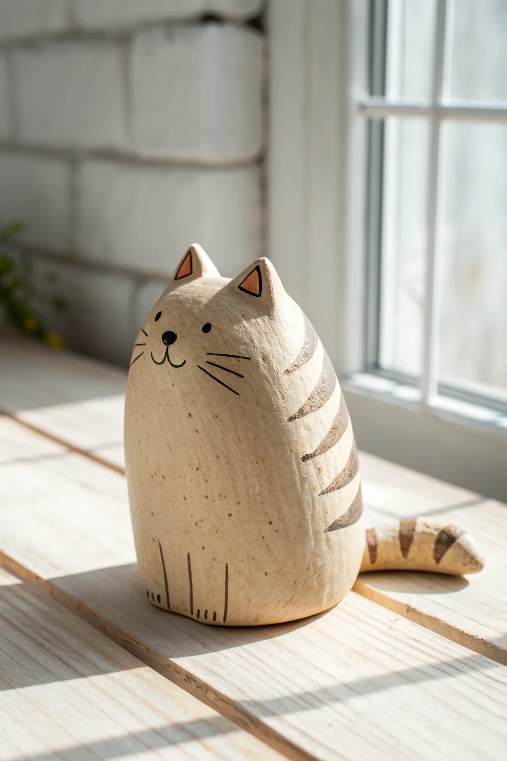 Simple cat loaf mini sculpture in soft matte clay, minimal stripes, cozy Scandinavian vibe.