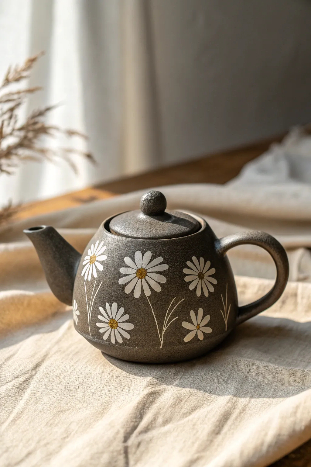 Charcoal teapot with crisp white daisies, minimalist shape and cozy handmade charm