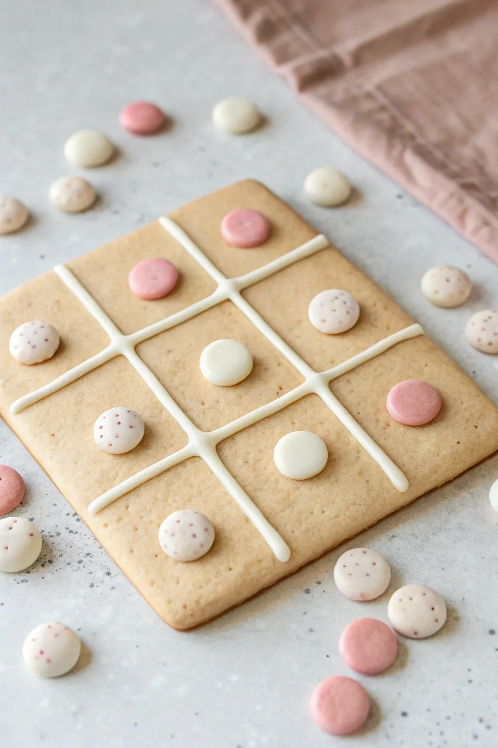 Sugar cookie clay tic tac toe board with icing grid and pastel topping pieces, sweet and minimal