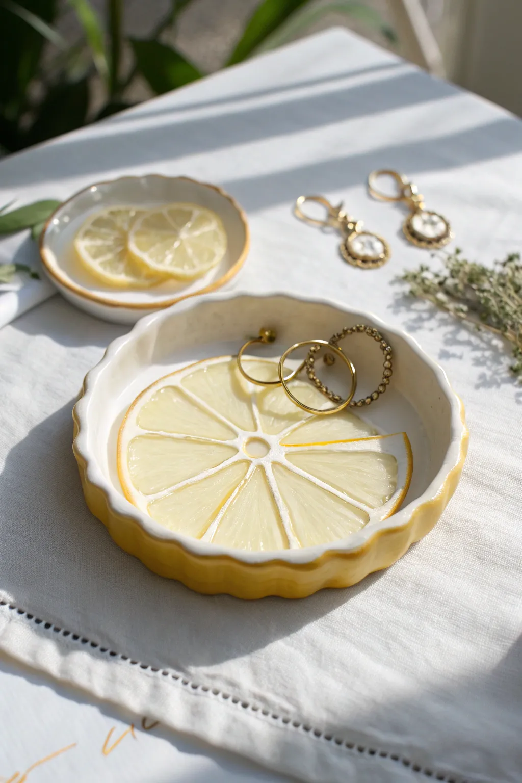 Pale lemon slice clay tray catchall with dainty earrings, minimal Scandinavian-boho styling.