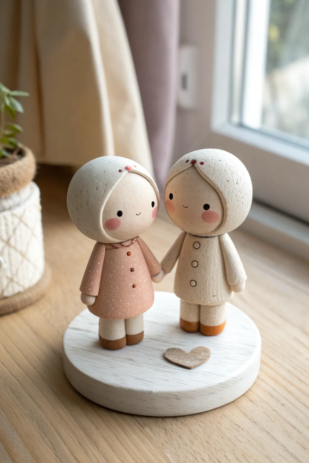 Sweet chibi couple figurines holding hands, a simple clay project with cozy minimalist charm