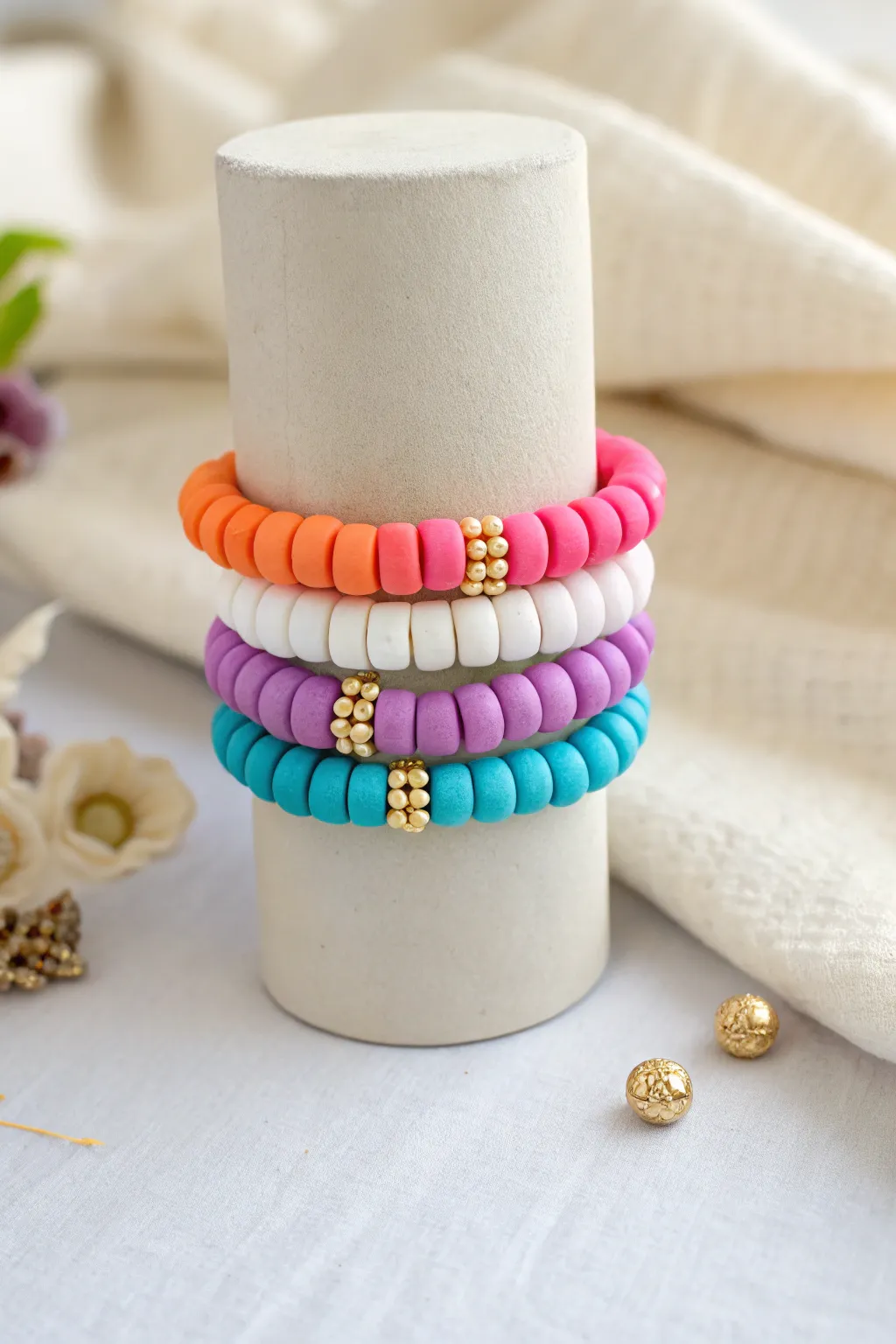 Preppy color-block clay bead bracelets stacked for a bright, minimal, craft-inspired look