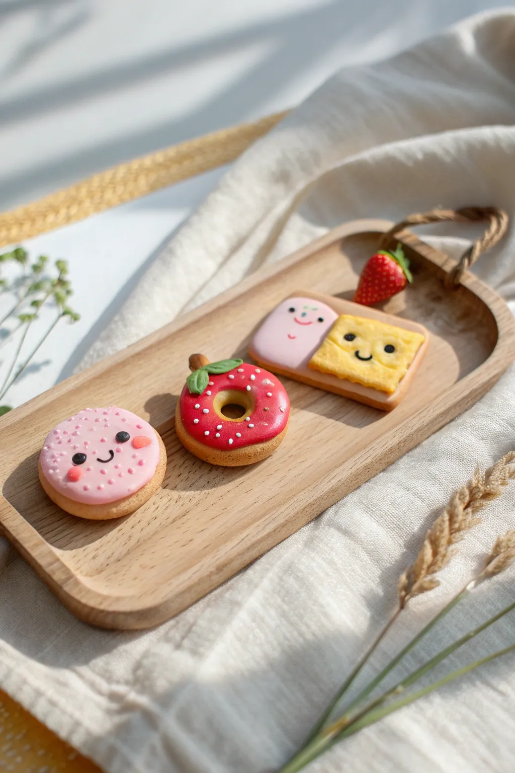 Tiny food besties: donut, strawberry, and toast charms for the sweetest clay date idea.
