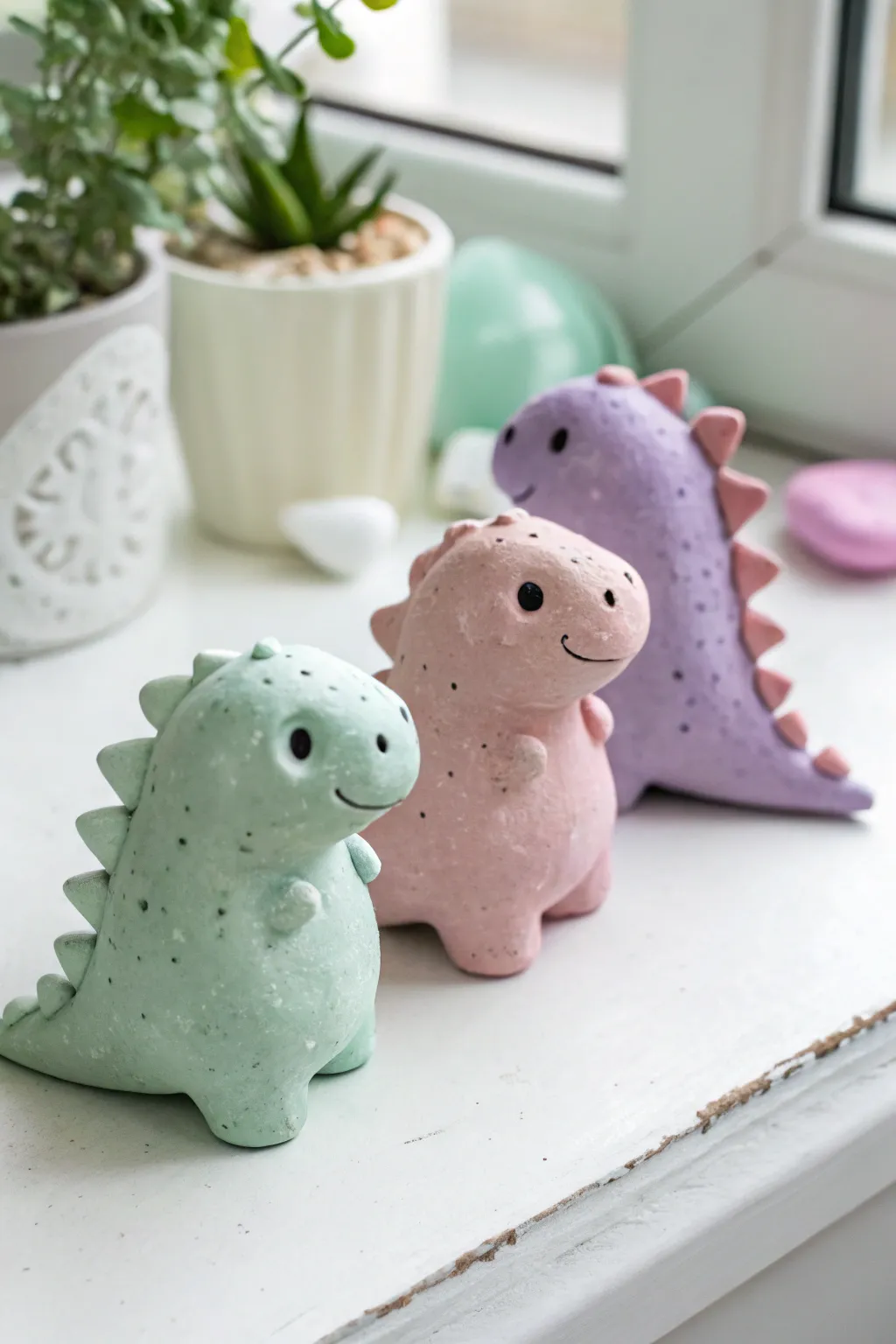 Pastel dino pocket pets in mint, pink, and lavender—tiny clay companions for your desk.