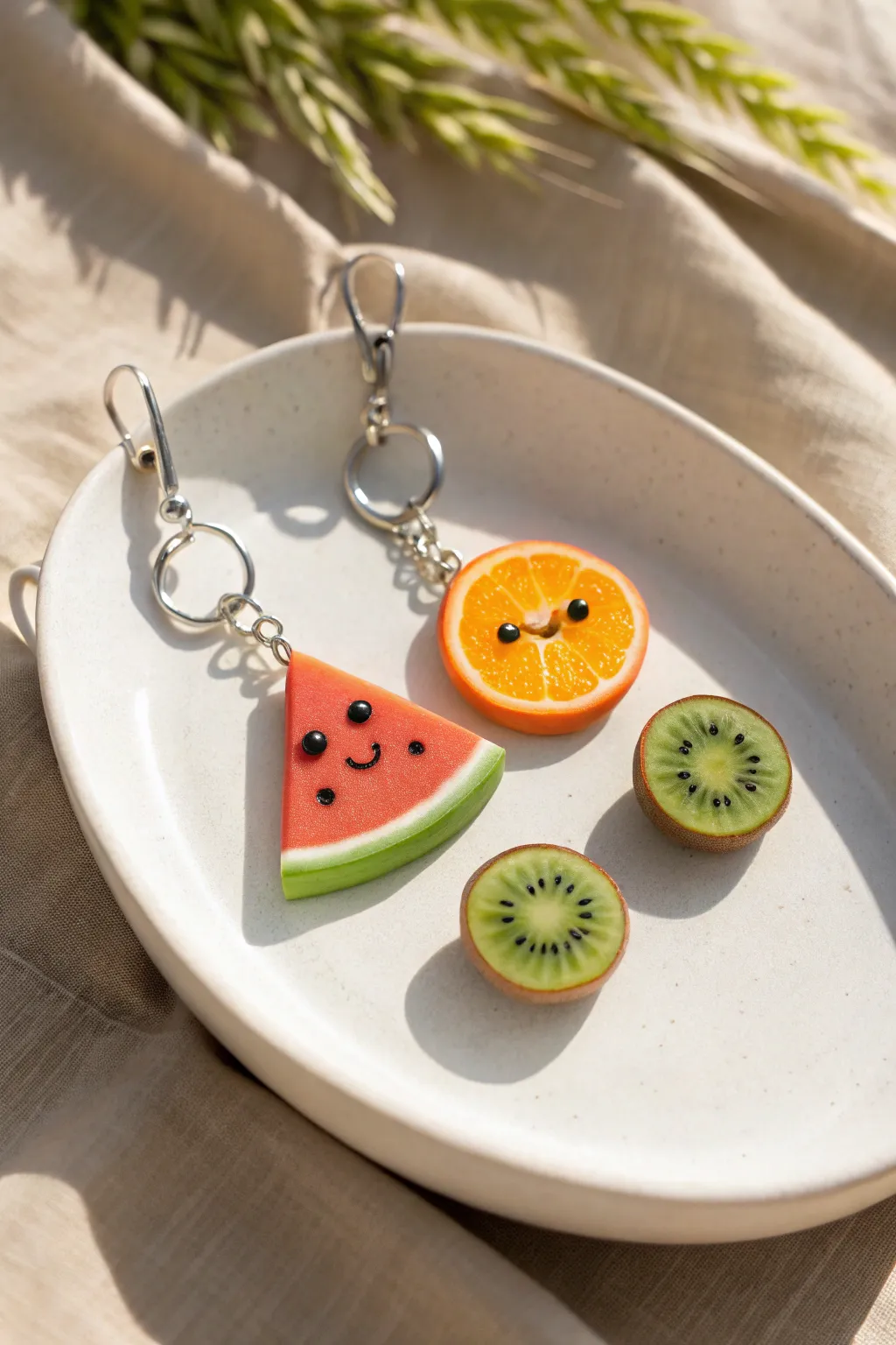 Sweet polymer clay fruit slices with tiny kawaii faces, styled in a calm minimalist flat lay