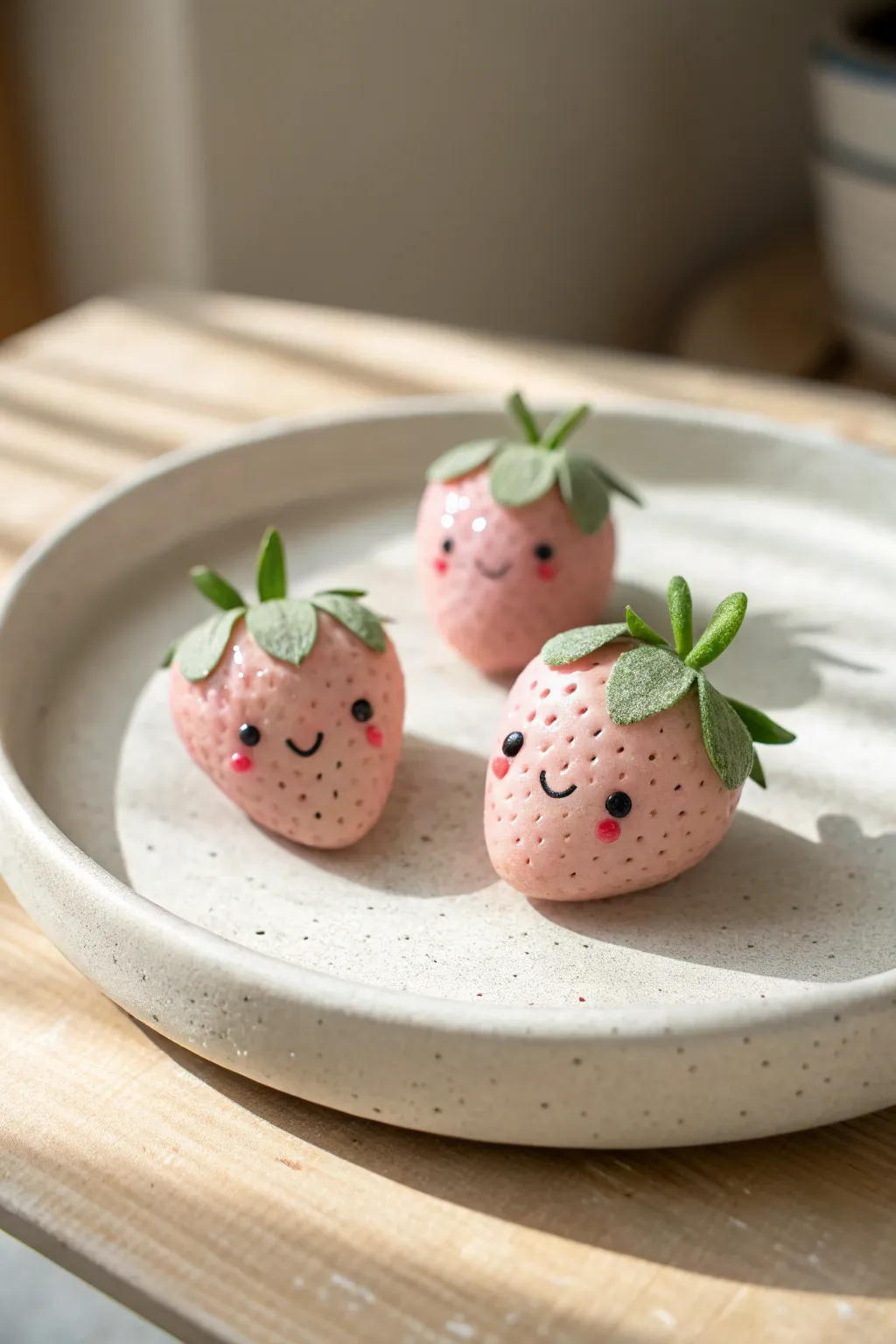 Three pastel smiling clay strawberries styled like a tiny family, sweet and beginner friendly