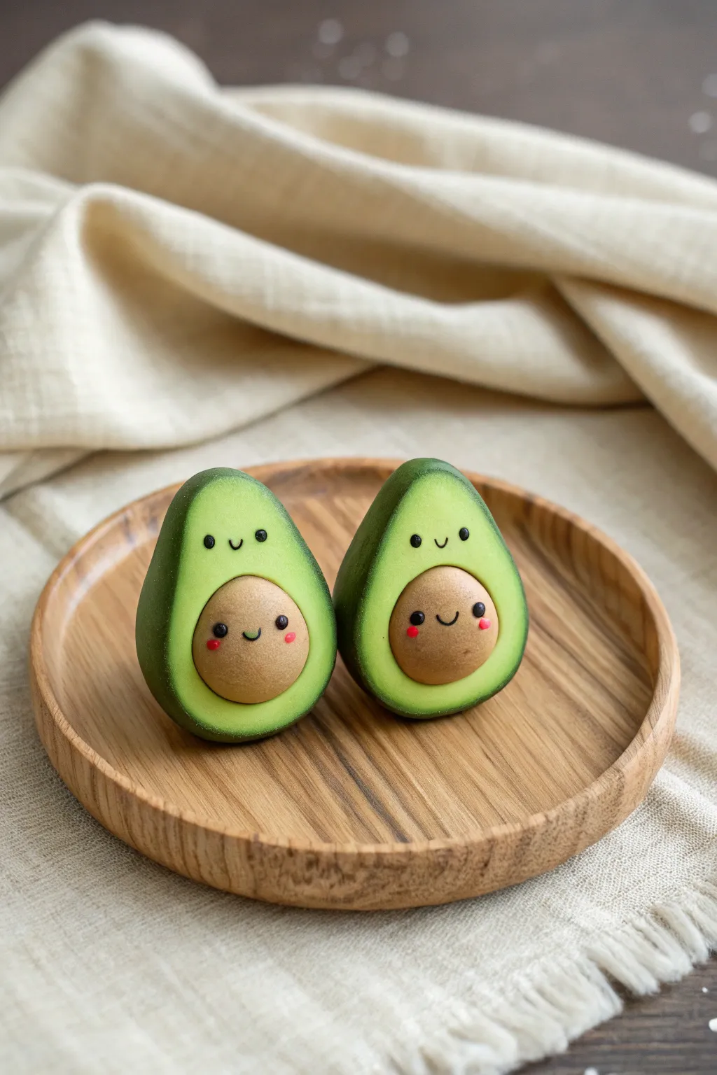 Two tiny avocado best-friends with sweet faces and a pit belly, minimalist boho clay charm