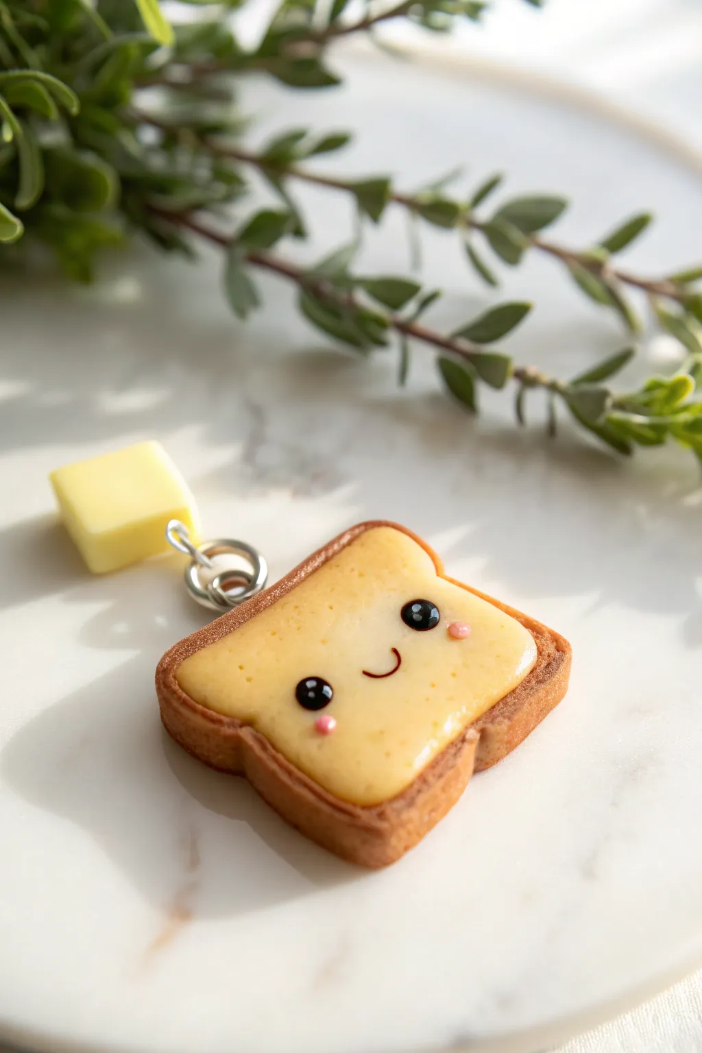 Tiny smiling toast charm with a butter detail, simple, smooth, and perfectly cute for beginners