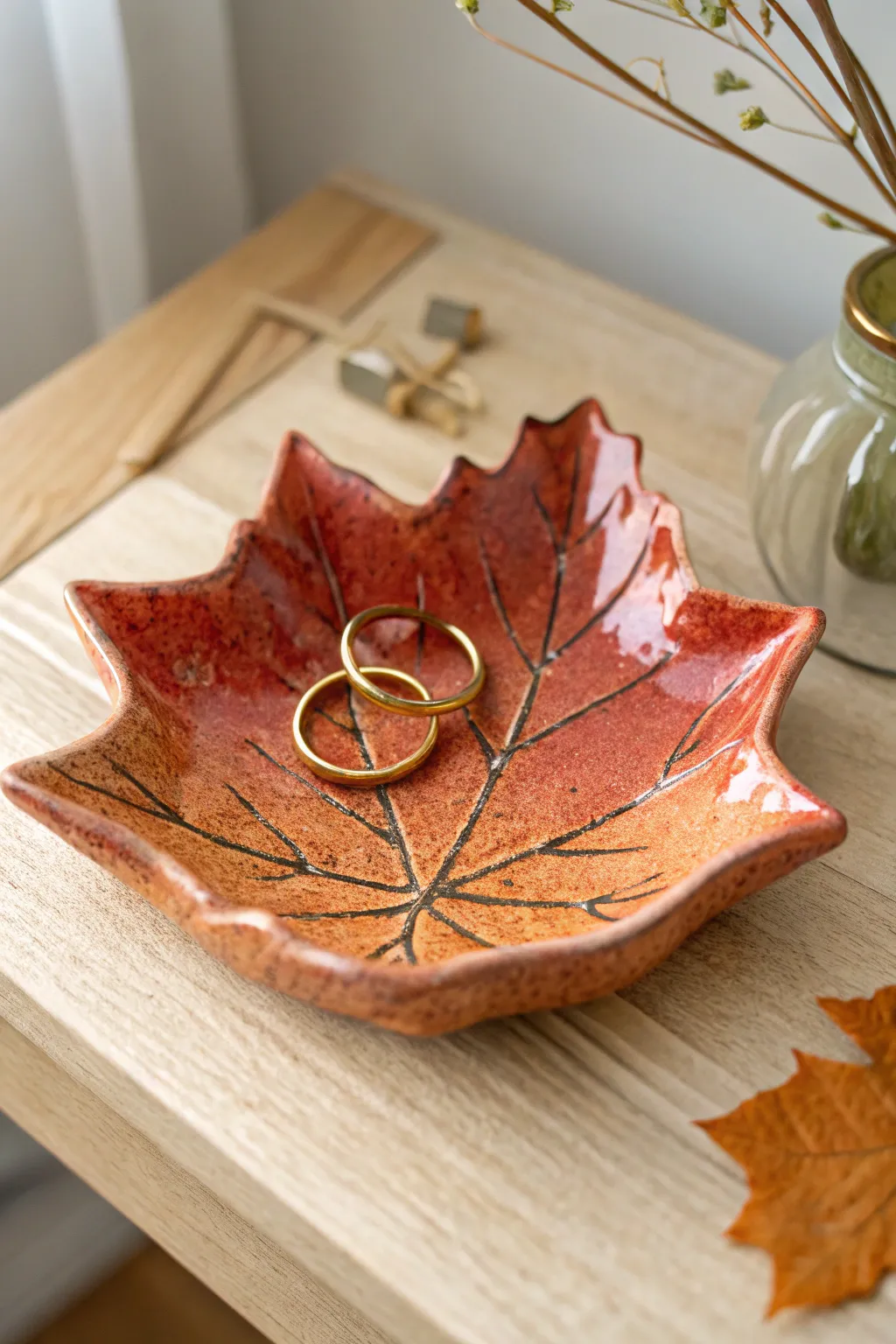 Warm ombré maple leaf trinket dish for rings and clips, a cozy and cute fall clay idea.