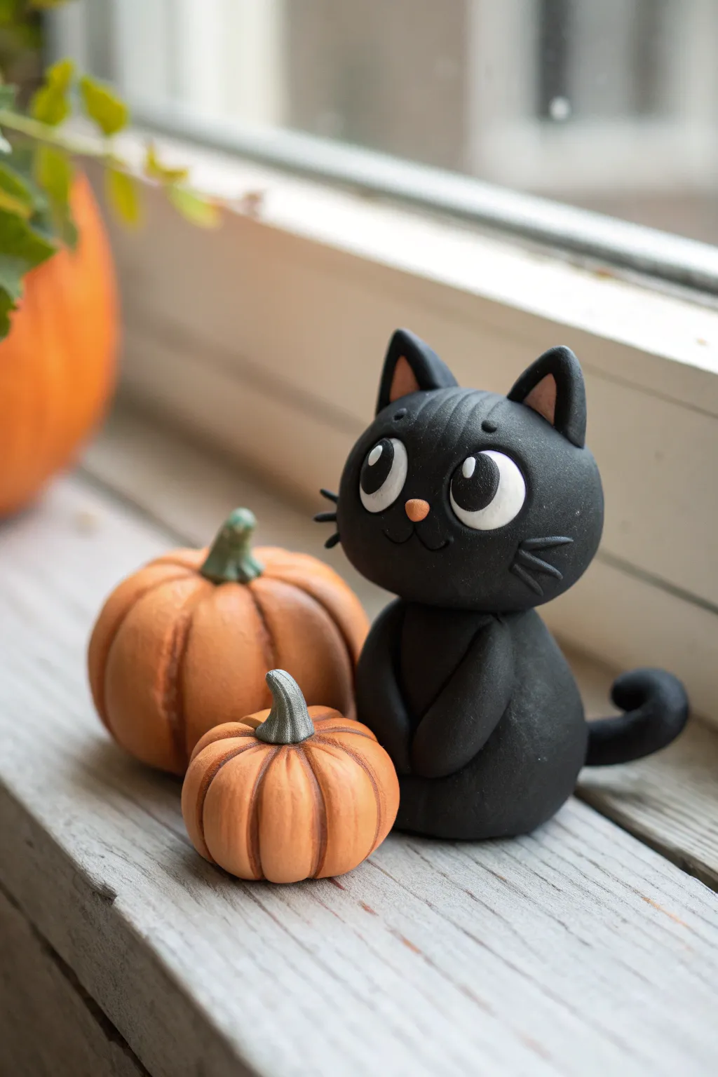 Tiny black cat and mini pumpkin figurine, minimalist Halloween charm for cozy fall decor.