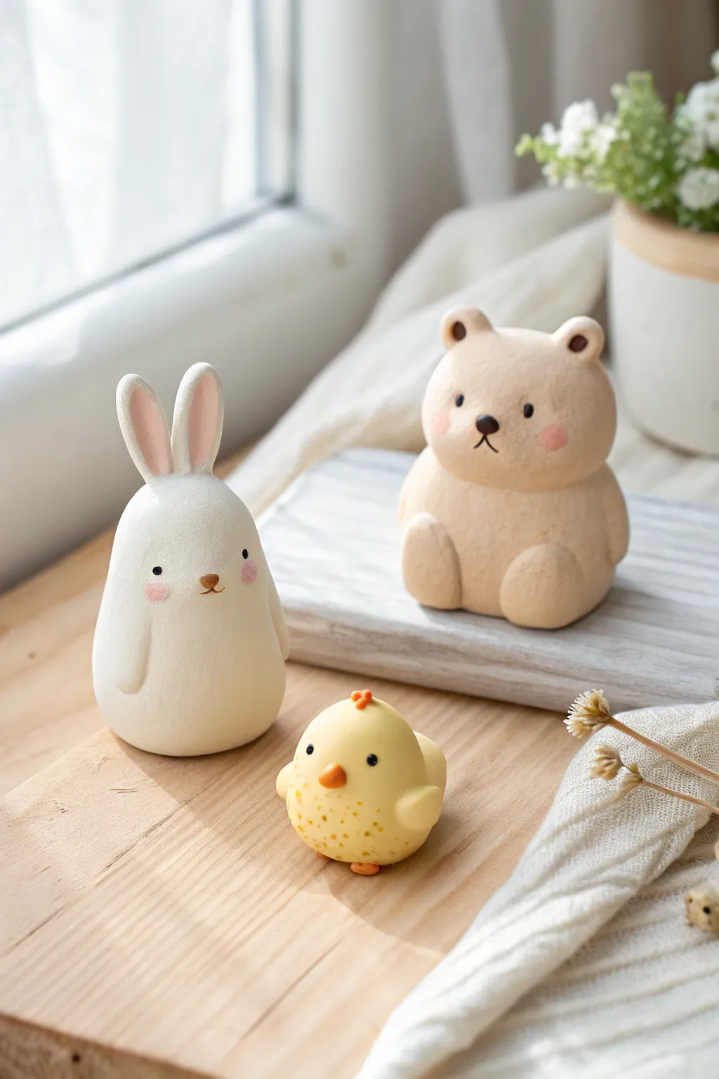 Palm size bunny, bear, and chick figurines in soft clay tones for a sweet tiny animal trio.