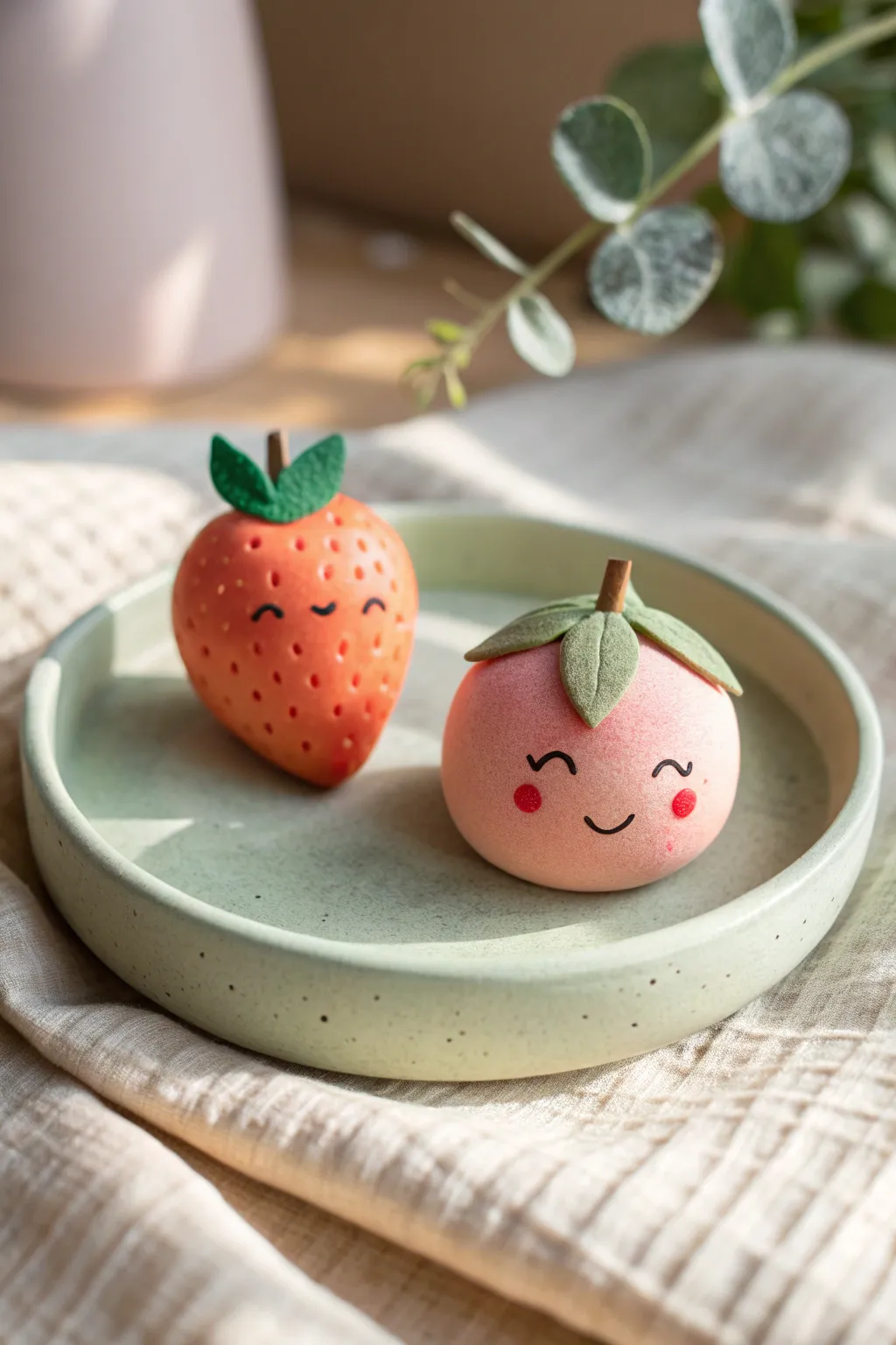 Sweet smiling strawberry and peach minis in pastel clay, perfect beginner kawaii decor.