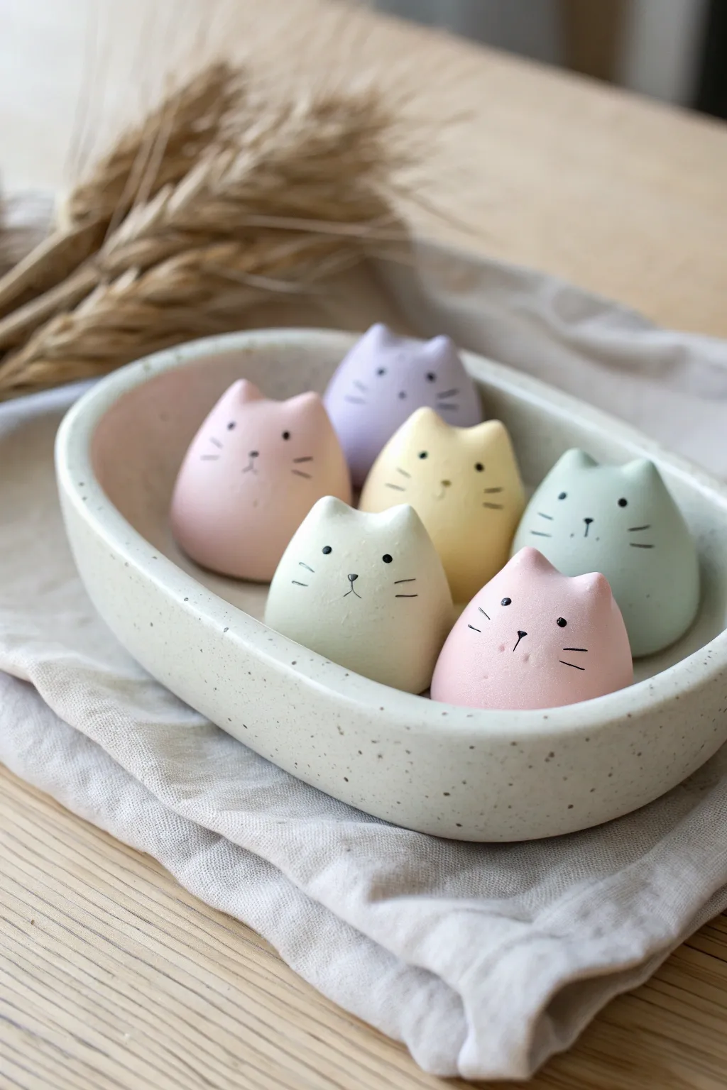 Pastel mini clay cat pocket friends nestled in a simple dish, cozy Scandinavian boho charm.