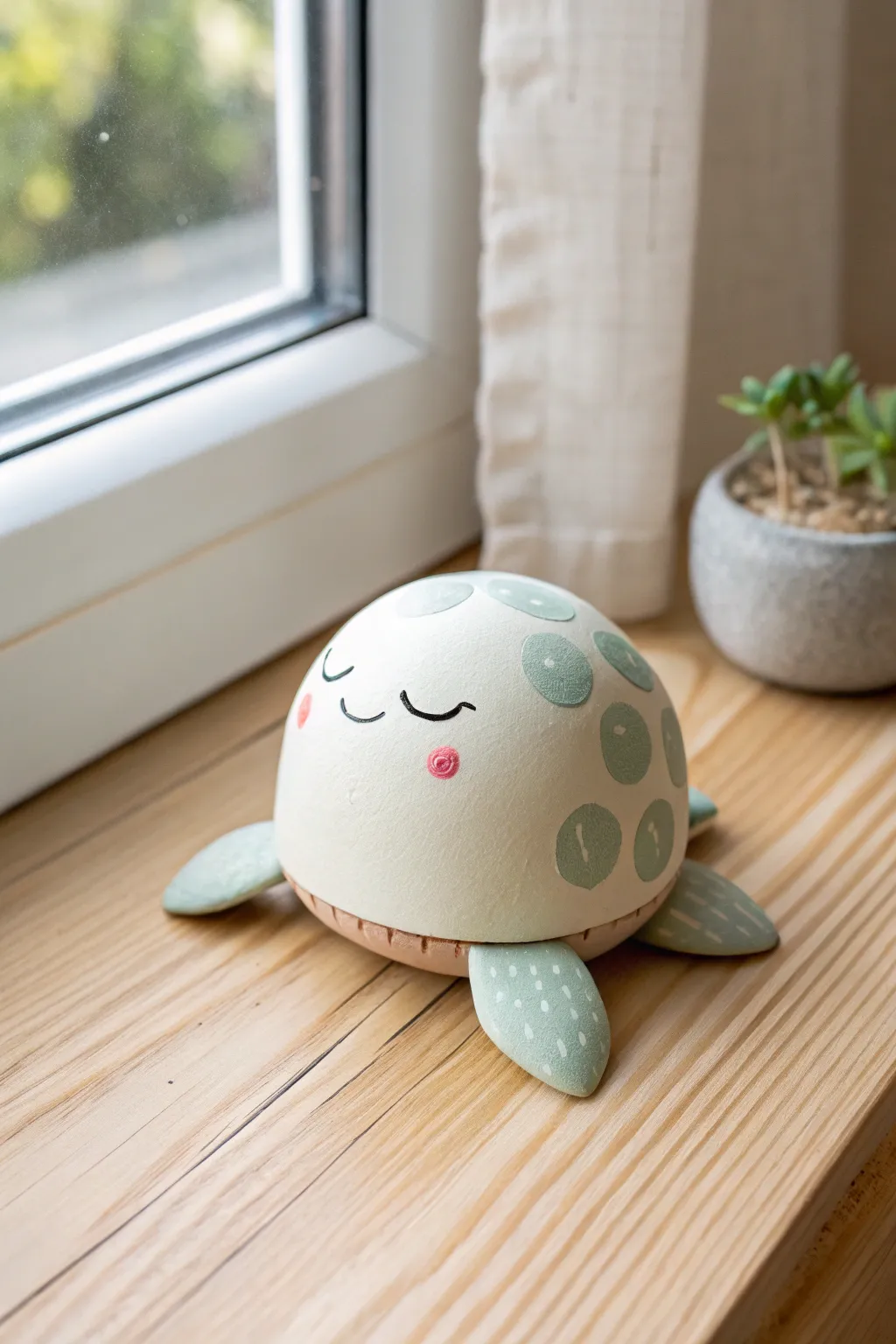 A chubby little sea turtle with rosy cheeks and a sleepy smile, simple and irresistibly cute.