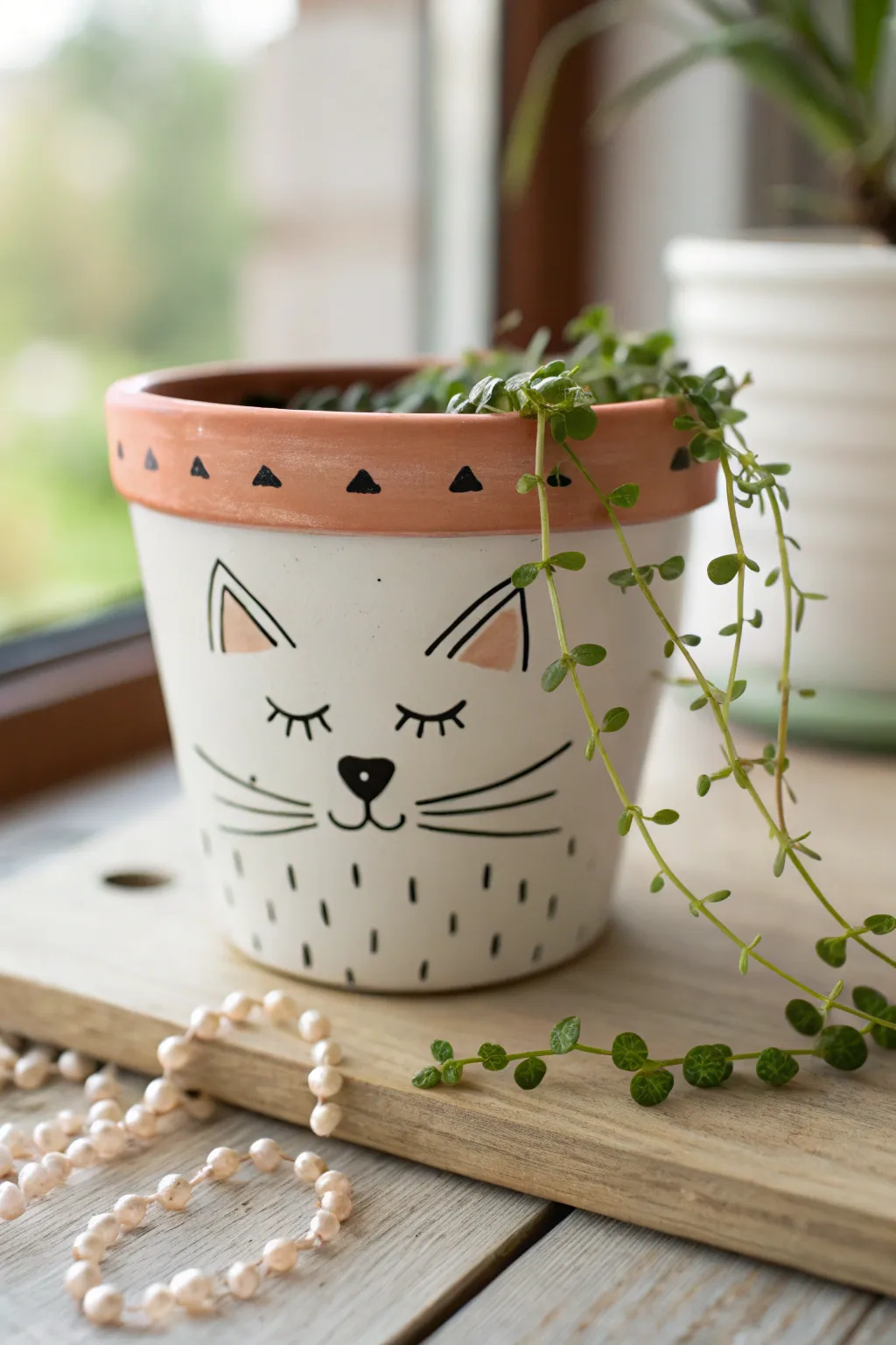Sweet sleepy kitty whisker pot with contrasting rim and a trailing plant for cozy minimal charm.