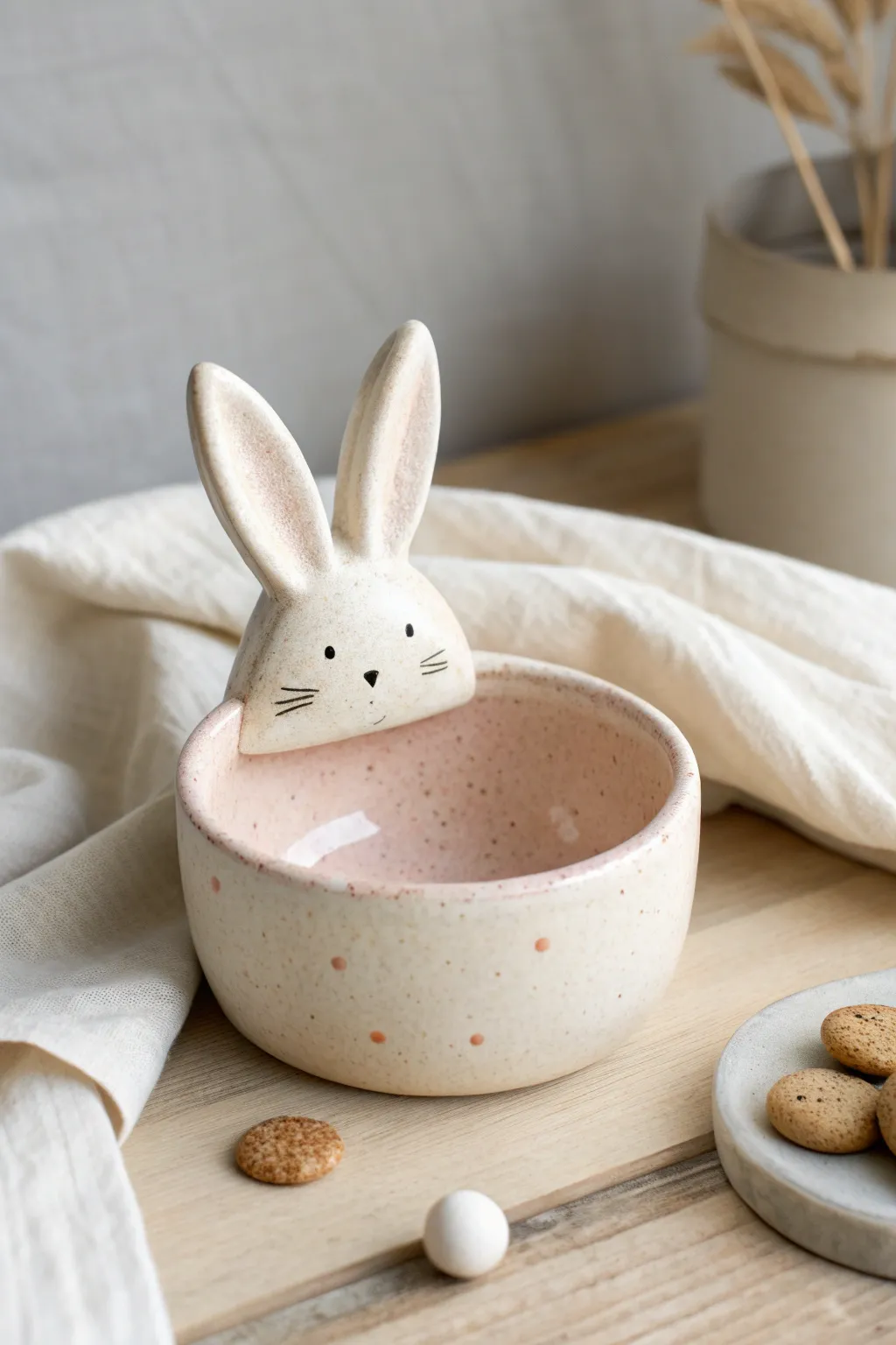 Pastel bunny pinch pot candy dish with perky ears, simple charm and cozy minimalist styling