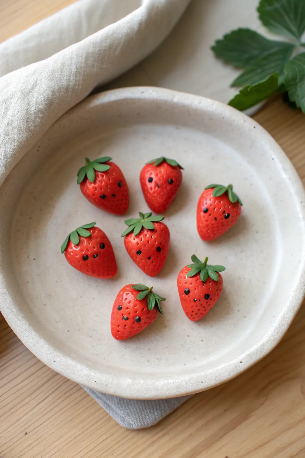 Tiny strawberry friends in polymer clay: sweet beginner charm with rosy cheeks and simple faces.
