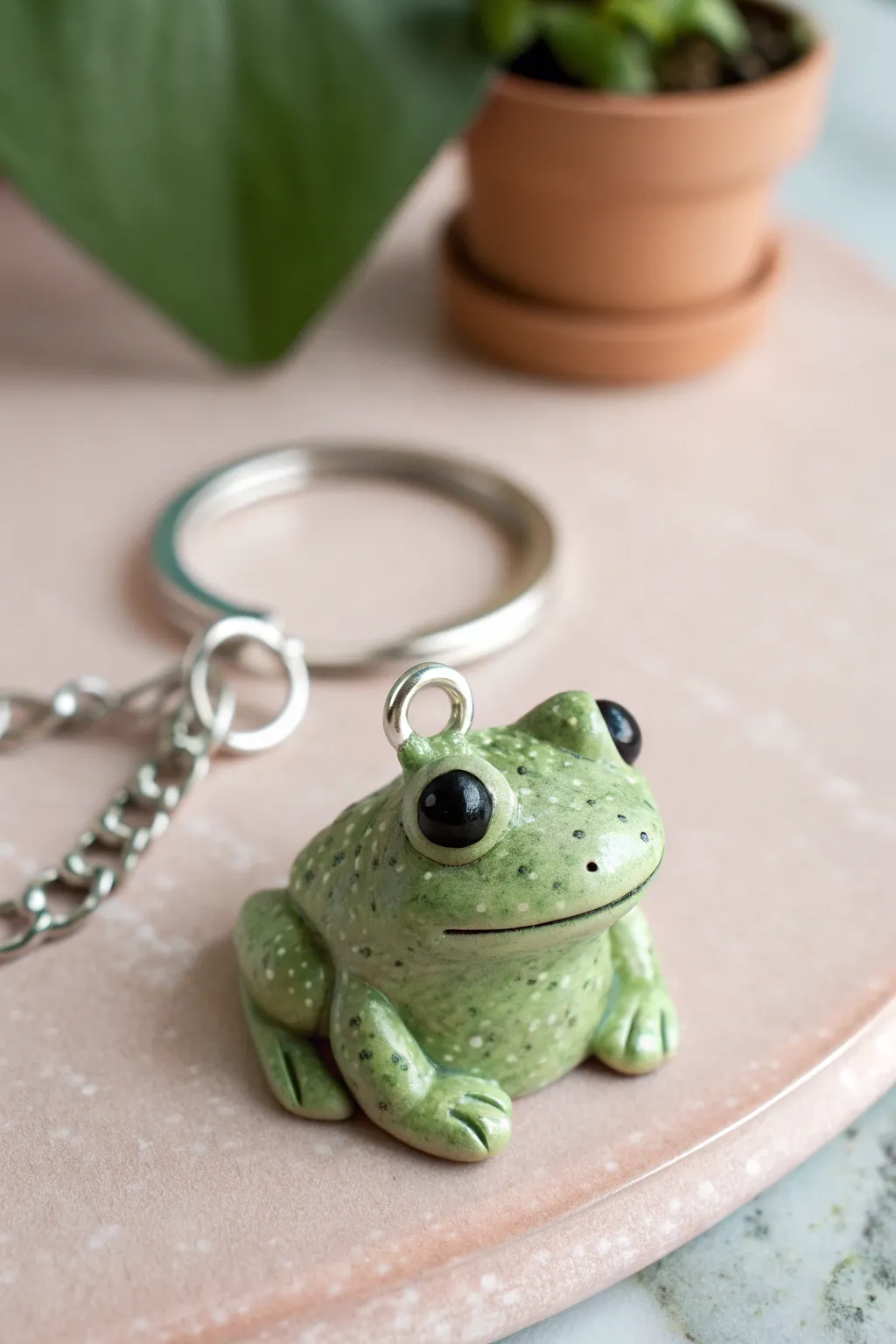 Tiny frog keychain in soft green clay, simple and sweet with big eyes and cozy sitting pose.