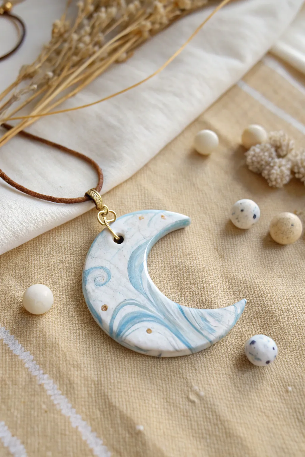 Marbled swirl moon pendant in white and soft blue, minimalist boho charm with handmade elegance