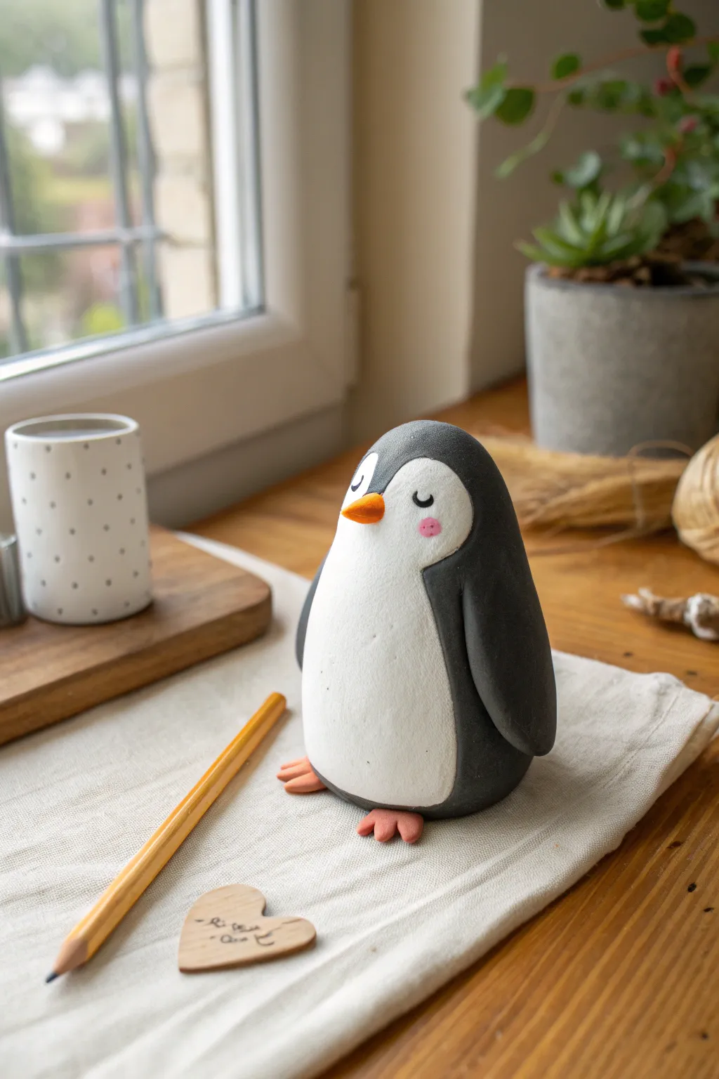 Palm-sized clay penguin pocket buddy, simple and sweet for your desk or shelf.