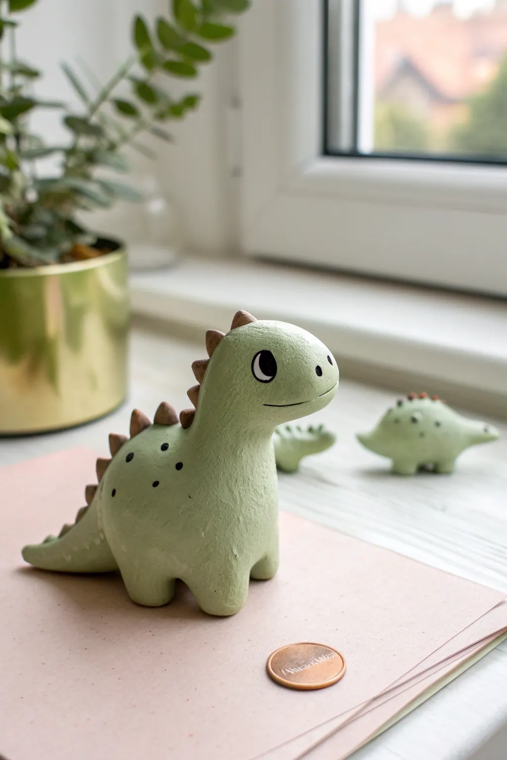 Chubby dino minis in minutes: one tiny clay cutie in crisp focus on a pastel backdrop.