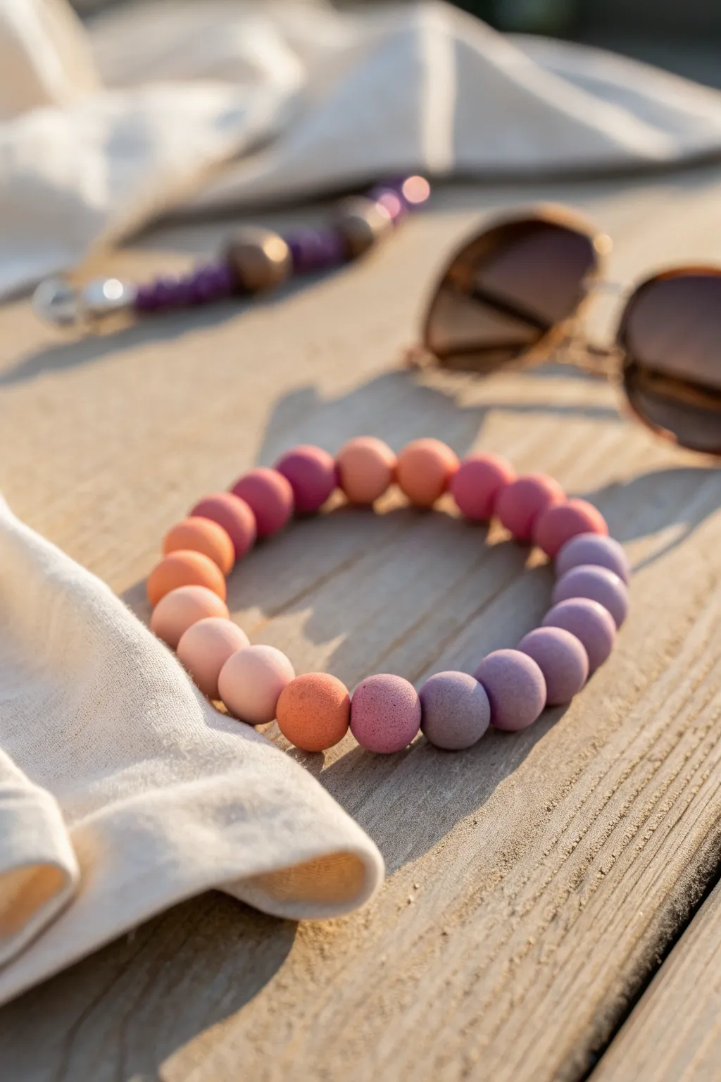 Sunset ombre clay bead bracelet in peach, coral, and lavender for an easy summer look.