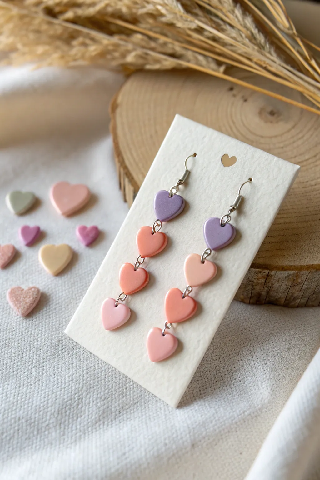 Sweet heart clay earrings in glossy pastels, minimalist styling for a dreamy Valentine look